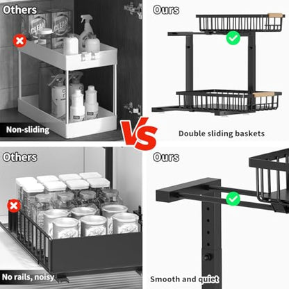 ROLIZOE 2 Tier Sliding Under Sink Storage Kitchen Organiser 42.5cm Height Adjustable Under Sink Shelf with 2 Slide Out Baskets Metal Cupboard Organiser Under Sink Cabinet Basket Organiser for Bathroom