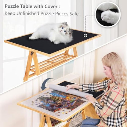 LAVIEVERT 1500 Piece Jigsaw Puzzle Table with Legs & Cover, Adjustable Wooden Puzzle Board Easel with Storage Shelf, Portable Tilting Puzzle Table with 4 Rolling Wheels for Adults
