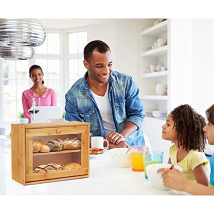 Double Layer Bamboo Bread Box with Clear Window, Large Capacity Bread Storage Bin- Kitchen Countertop Storage Box for Bread, Pastries & Baked Goods - Easy Self-Assembly Organizer