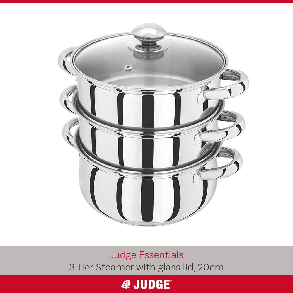 Judge Essential 3-Tier Stainless Steel Steamer - Thermic Based & Vented Glass Lid, Oven-safe Vegetable Steam Cooker with Cool Handles