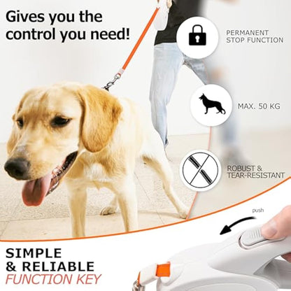 bluzelle 8m / 26ft Retractable Leash for Dogs up to 50kg / 110lbs, Bright Neon Orange Reflector Nylon Belt with 360° Snap Hook Metal, Reliable Braking One-Hand Ergonomic Rubberized Handle, White
