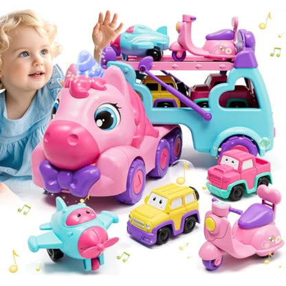 Lehoo Castle Toddler Toys for 1 2 3 Year Old Girls, Unicorn Gifts for Girls, 2 Year Old Cars Toys for kids, Birthday Gifts Carrier Truck with Light & Music