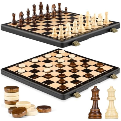 Peradix Chess Set and Draughts Board Games 2 in 1 Set | 15" Magnetic Foldable Wooden Chess Checkers Board | 2 Extral Queen | Educational Toy Set for Adults and Kids (PUZ-39)