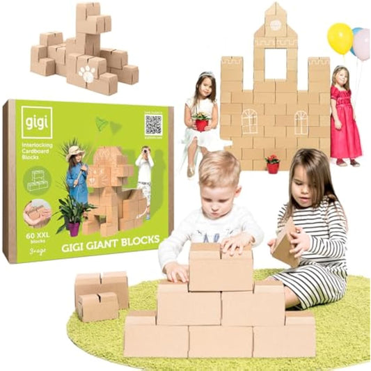 GIGI BLOKS 60 XXL Large Building Blocks for Kids Stackable & Interlocking | Children's Cardboard Building Bricks, Sturdy and Easy to Assemble | Creative & Educational Real-Size Kids Construction Toys