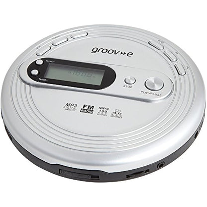 groov e RETRO Radio CD Player - Personal FM Radio with CD-R, CD-RW, & MP3 Music Playback - Anti-Skip Protection, Programmable Tracks - Earphones Included - Micro-USB or Battery Powered - Silver