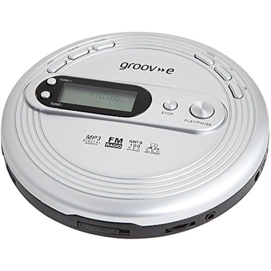 groov e RETRO Radio CD Player - Personal FM Radio with CD-R, CD-RW, & MP3 Music Playback - Anti-Skip Protection, Programmable Tracks - Earphones Included - Micro-USB or Battery Powered - Silver