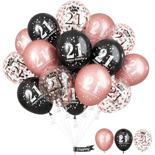 21st Birthday Decorations for Her, 15 Pcs Happy 21st Birthday Balloons Latex Helium Black Rose Gold Confetti Balloons for Girls Women Age 21 Years Old Birthday Celebration Party Decorations Supplies