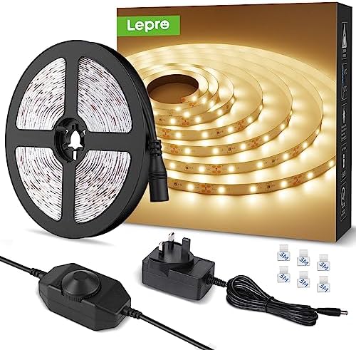 Lepro Warm White LED Strip Light 5M 300 LEDs, 1650lm Dimmable LED Tape Lights, 3000K Flexible LED Lights for Bedroom Kitchen Under Cabinet Wardrobe Stair (12V Power Plug and Dimmer Switch Included)