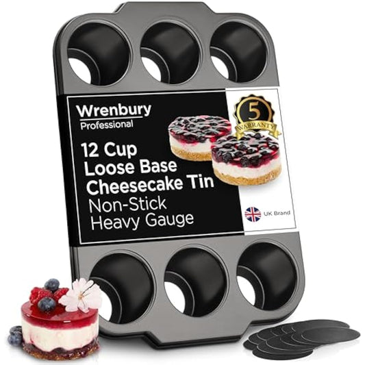 Wrenbury Mini Cheesecake Tins Removable Base - Bake with Confidence - 12 Cup Loose Based Mini Sandwich Tin Muffin Mould - Food Safe and Dishwasher Friendly 3" Cup