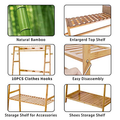 unho Bamboo Clothes Rail Rack: Free Standing Garment Rack with 3 Storage Shelves 10 Hooks Portable Open Wardrobe Clothing Storage Organizer for