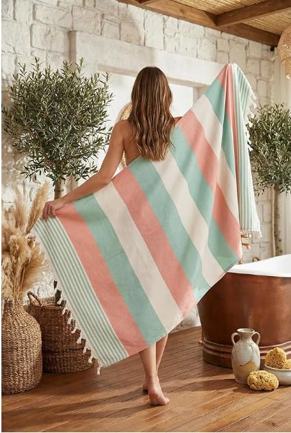 WEFLORIA Turkish Peshtemal Towel – Lightweight Quick Dry Beach & Spa Towel, Oversized Cotton Hammam Towel with Tassels – Travel, Pool, Bath, Sauna