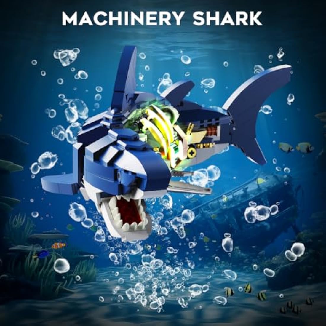 INSOON Shark Building Set with Swingable Body & Light, 687 PCS Sea Animal Building Block Toy with Display Stand, Home Decor Collection Brick Kit for Adults, Creative Gift Idea for Kids Boys Ages 12+