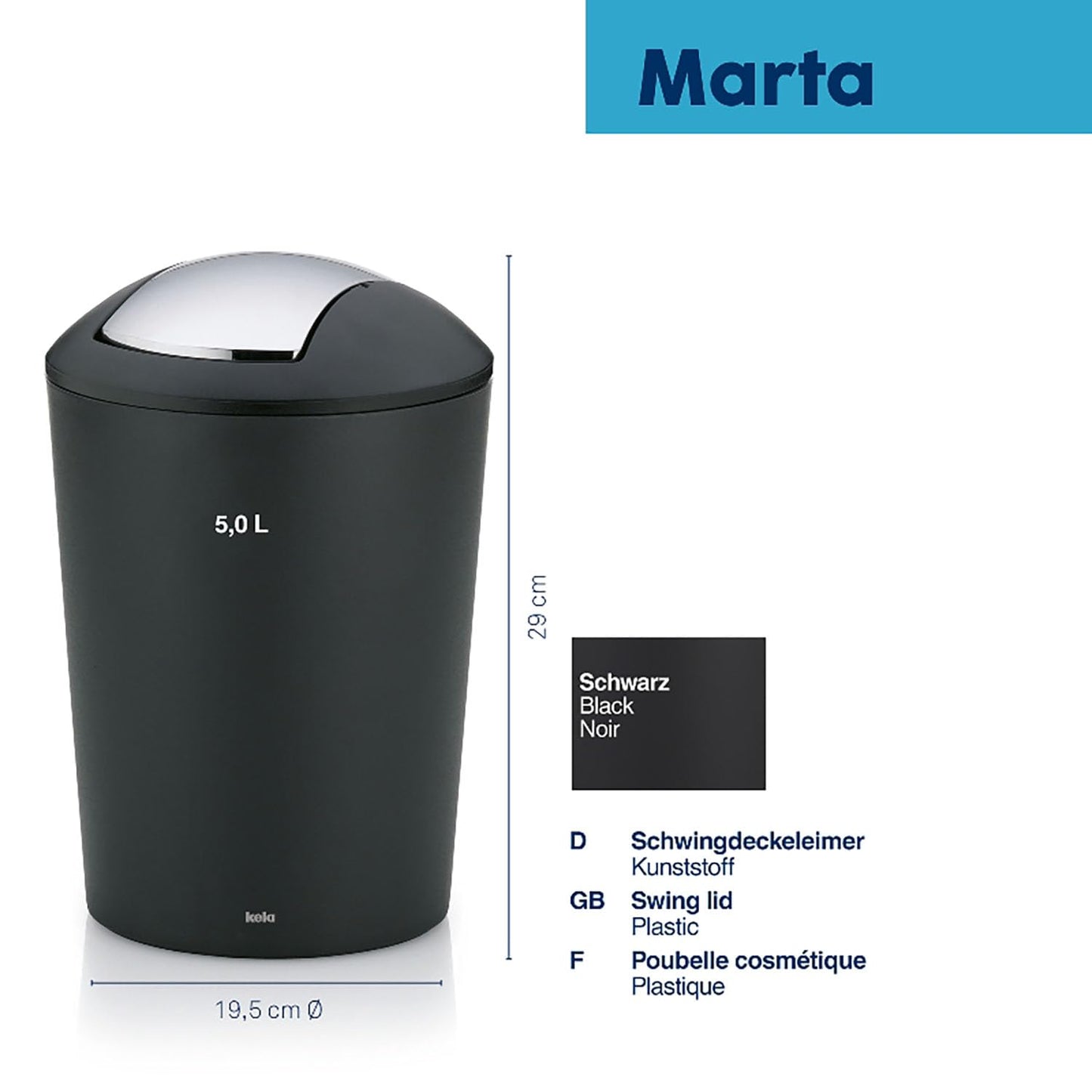 kela swing lid bin black, cosmetic bin 5l with swing lid, plastic, MARTA, waste bin bathroom black matt
