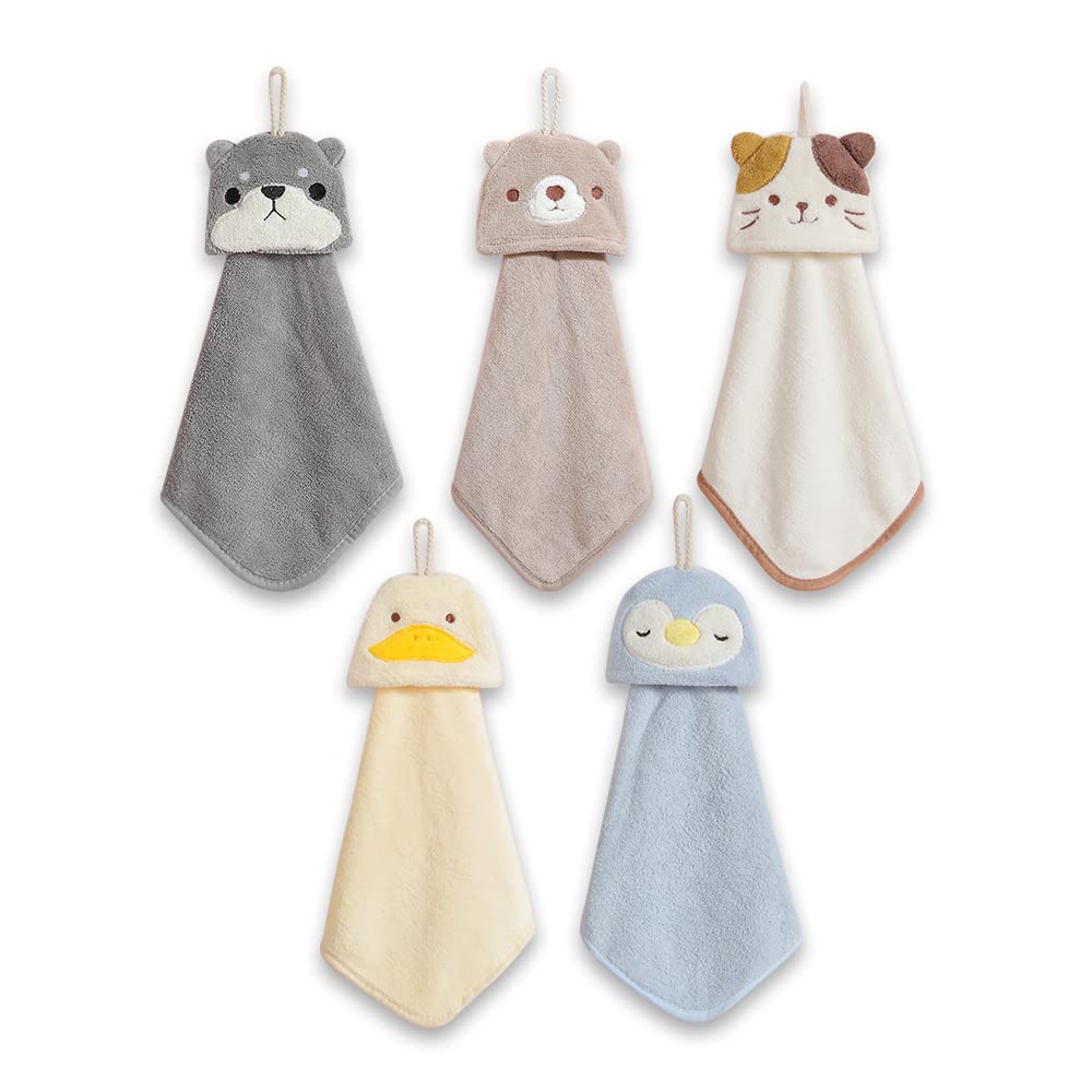 PRATIQUE 5 Pack Cute Hand Towels, Bathroom Towels with Hanging Loop, Children Hand Towel Animals
