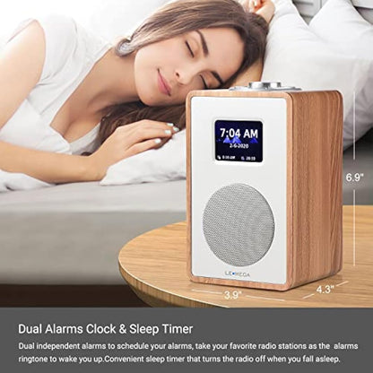 LEMEGA CR4 DAB/DAB+/FM Digital Radio with Bluetooth,Portable DAB Radio with Mains Powered,Dual Alarms Clock with Snooze,Colour Display,Wooden Effect - Walnut