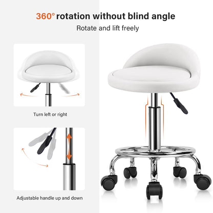 KKTONER PU Leather Round Rolling Stool with Foot Rest Height Adjustable Swivel Drafting Work SPA Task Chair with Wheels (White)