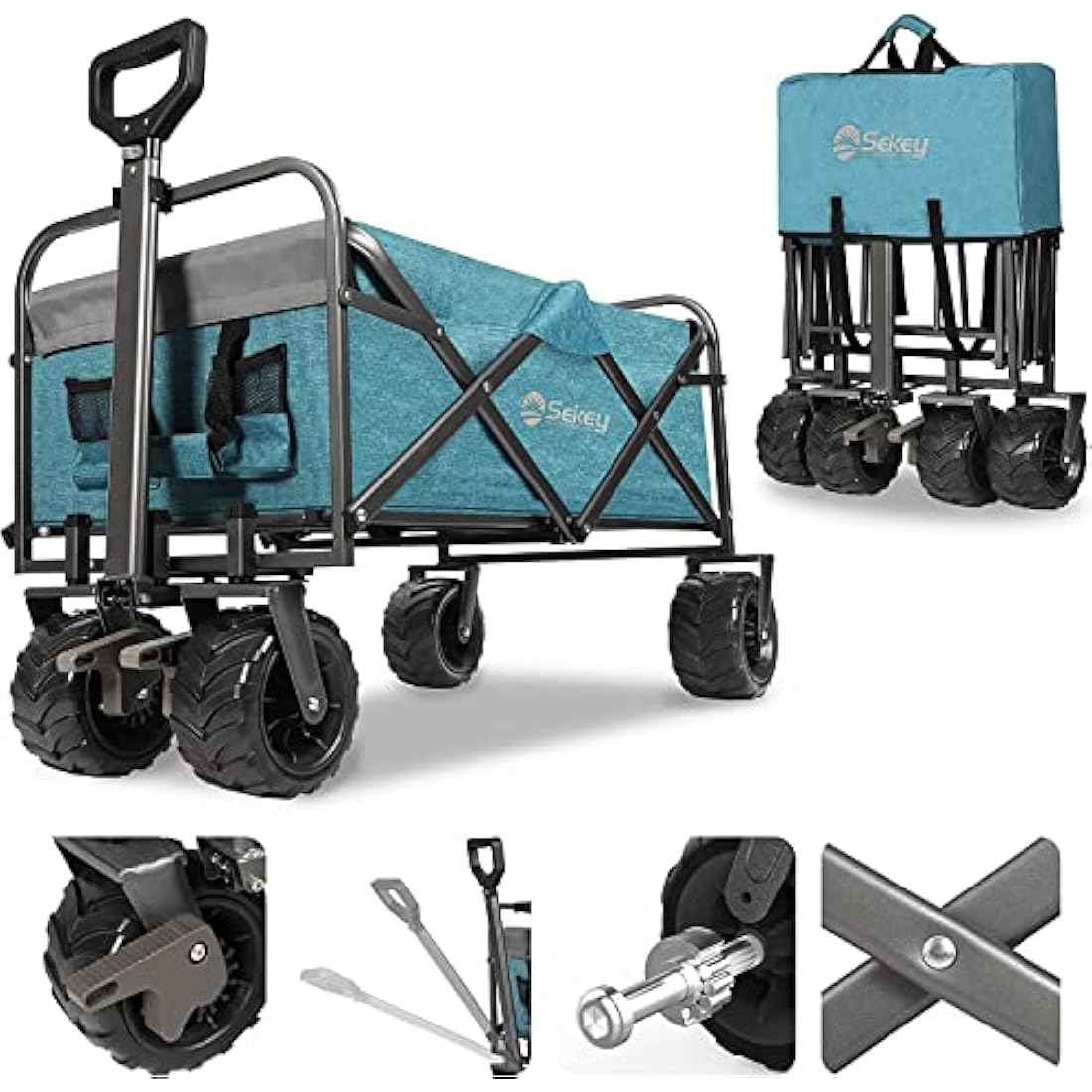 Sekey Folding Festival Trolley with Wide All-Terrain Wheels, 440LB Large Load Capacity, Heavy-Duty Camping Wagon with Brake, Sturdy Beach Garden Cart, Adjustable Handles & Drink Holders, Light Blue