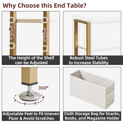Aibiju Narrow Side Table,3-Tier Slim End Table with Fabric Basket, Modern Sofa Table for Narrow and Small Spaces,with Gold Metal Frame,White YD-TM052J
