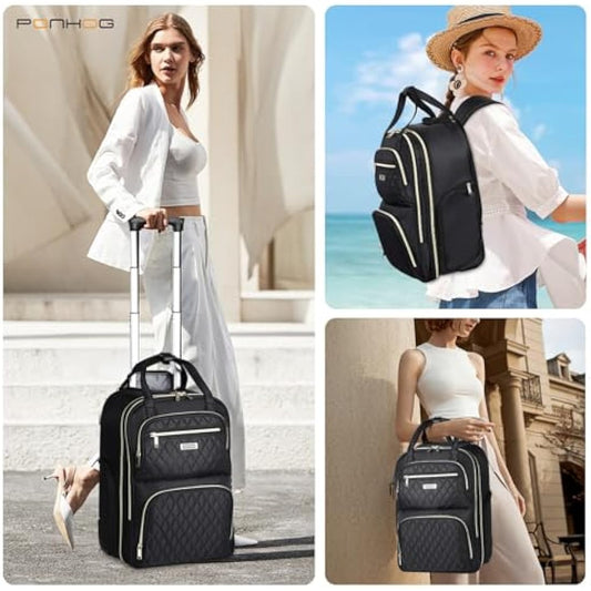 Ponhog Rolling Laptop Travel Backpack with Wheels for Women - 15.6 Inch Laptop Wheeled Backpack, Carry on Trolley Suitcase Black Computer Bag for Adults Business College Work Overnight,Black