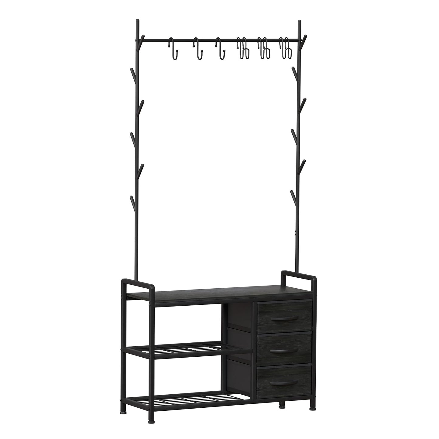 Free Standing Coat Rack Rustic Hall Tree 33"x12"x69.3" Black Wood Veins