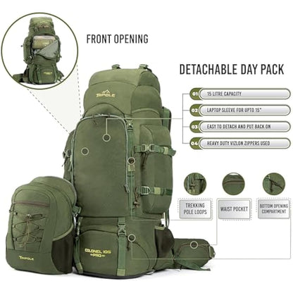 Tripole Colonel Pro Metal Frame Rucksack | Front Opening | Detachable Bag | Rain Cover (105 Litres, Army Green)