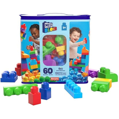 MEGA BLOKS Big Building Bag building set with 60 big and colorful building blocks, and 1 storage bag, toy gift set for ages 1 and up, DCH55