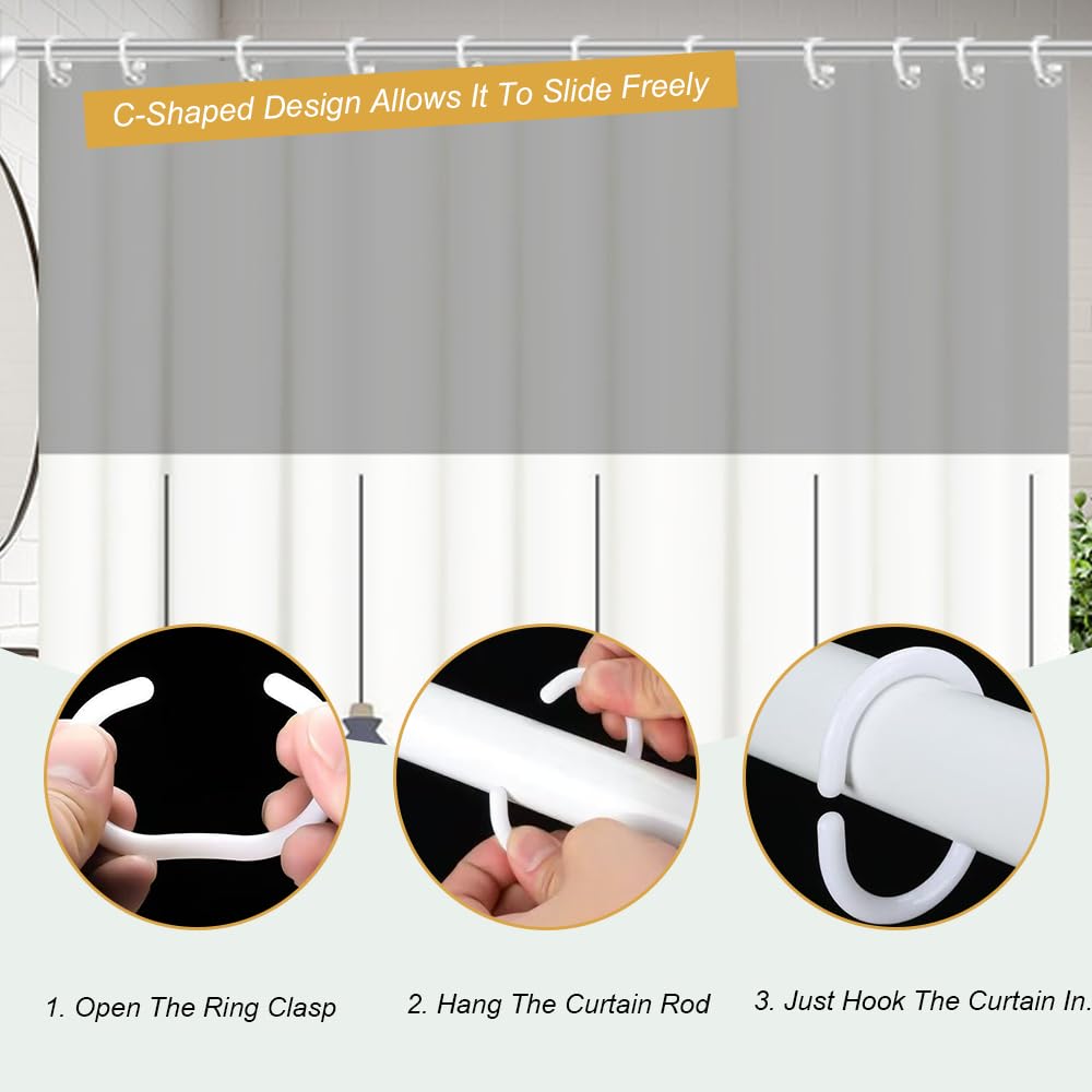 Shower Curtain Hooks, 24 PCS Shower Curtain Rings, White Plastic C-Shaped Hooks, for Shower Rods