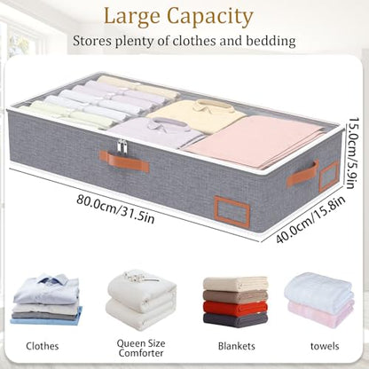 Yawinhe Foldable Under Bed Storage Bags, Closet Organizers, Large Containers with Sturdy Zipper, Clear Window and Reinforced Handles, for Bedding, 2