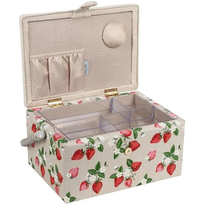 Hobby Gift Exclusive Medium Sewing Craft Hobby Storage Box, Accessories Tray Pin Cushion Pocket PVC Handle Embroidered Lid 18.5 x 25.5 x 14.5cm, Embroidered Strawberries