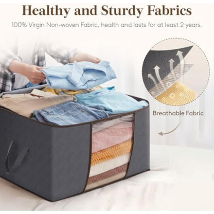 Lifewit 95L Clothes Storage Bags Large Storage Box With Lid Packing Boxes for Moving House With Reinforced Handle Thick Fabric Clear Window for Clothes Duvet Blankets Bedding, 6 Pack, Grey