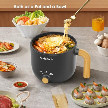 Audecook Electric Hot Pot with Steamer, 1.5L Portable Non-Stick Mini Multifunctional Cooker, Travel Electric Skillet with Dual Power Control for Ramen