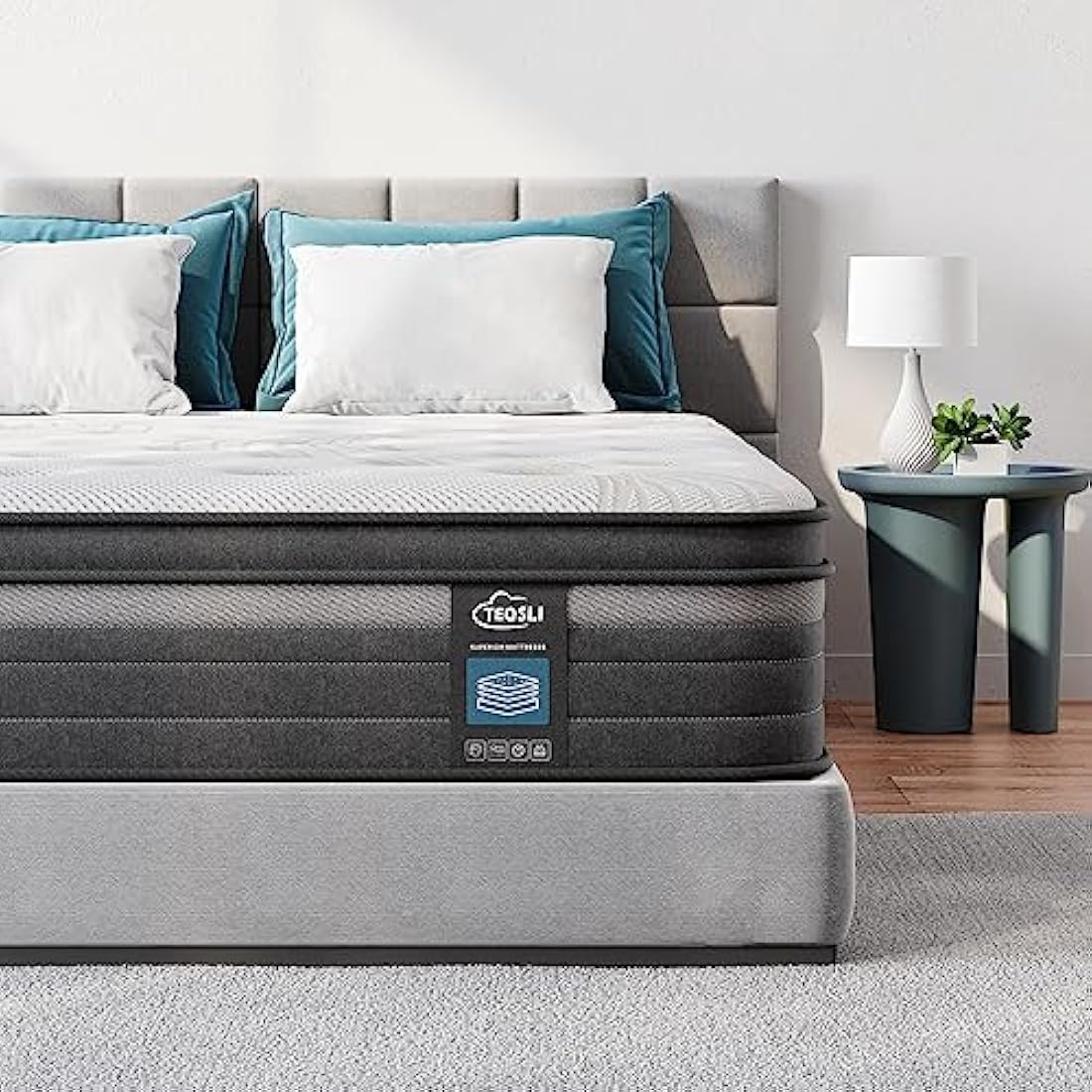 TeQsli Gel Individually Pocket Sprung Single Mattress 3FT with Breathable Soft Fabric, 10.6 Inch Hybrid Mattress Single for Pressure & Back Pain Relief, Medium Firm Mattress in a Box-90x190x27cm