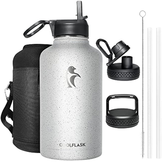 Coolflask Insulated Water Bottle 2L, Half Gallon Water Jug with Straw & 3 Lids, Large Insulated Water Bottle, Stainless Steel Vacuum Water Bottle for Gym, Sports and Travel, Starry White