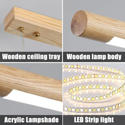 Mikeru 100cm Ash Wood Round Pendant Light, Dining Table Lights 3000K/4500K/6500K Wood Linear Pendant Light LED Dimmable 10% to 100% Modern Island Lighting for Office, Kitchen