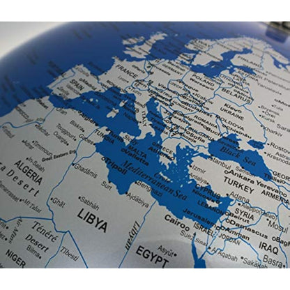 EXERZ 30CM World Globe, Metallic Blue with Stainless Steel Ring Base, Ideal for Gifting and Decoration
