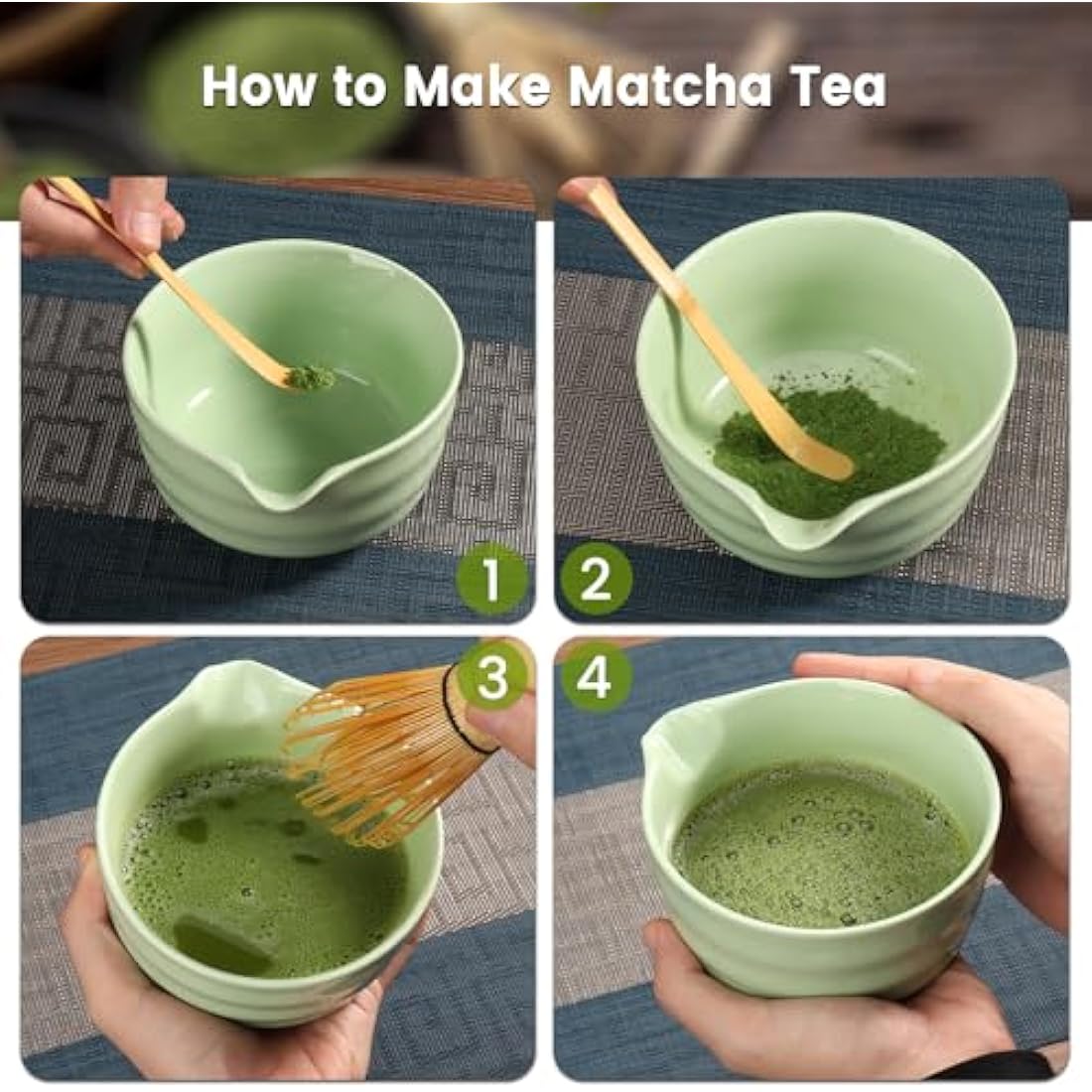 Geebuzz Matcha Whisk Set - Matcha Bowl and Bamboo Matcha Whisk, Scoop, Spoon, Sifter, Whisk Holder, 6pcs Perfect Matcha Starter Kit for Matcha Tea Ceremony (B Green)