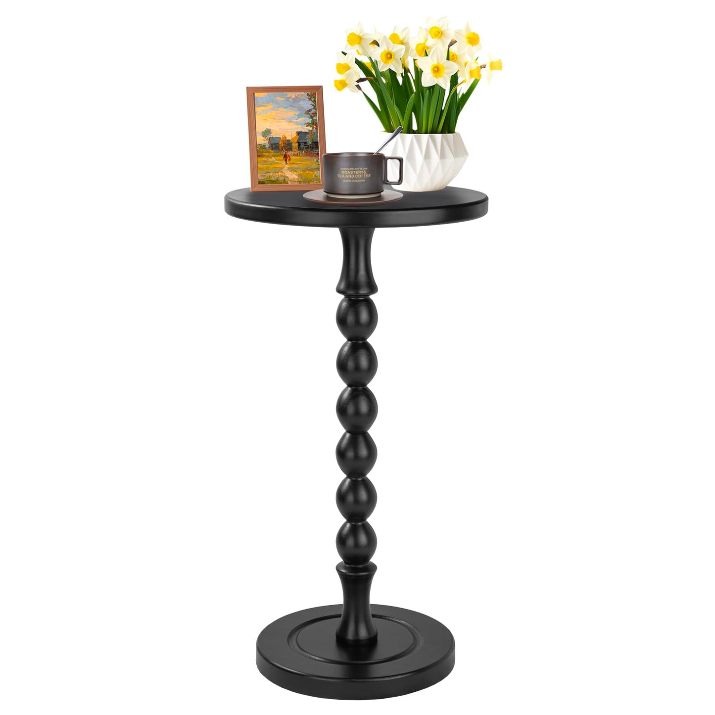 Lampaggio Round Side Table for Small Spaces, Drink Table with Oak Wood Pedestal, Modern End Table Nightstand for Living Room, Bedroom, Office