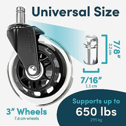 Office Chair Wheels Replacement Rubber Chair casters for ALL Floors Including Hardwood Floors, Office Chair Castors for Home and Office Chairs to Replace Office Chair mats, 11x22mm, Clear NOT 1KEA