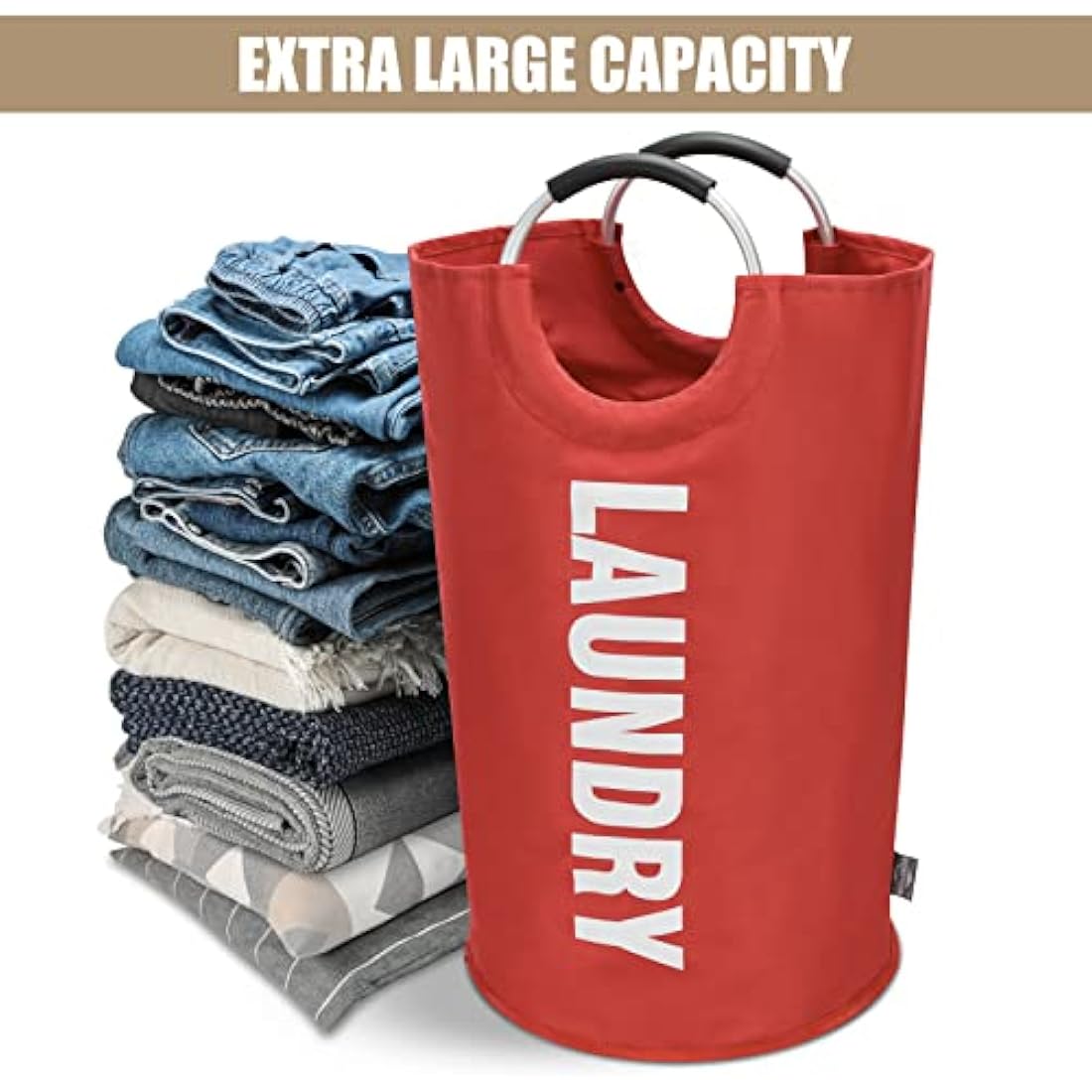 DOKEHOM 90L Large Laundry Basket, Collapsible Laundry Bag, Freestanding Tall Clothes Hamper, Foldable Washing Bin (Red)