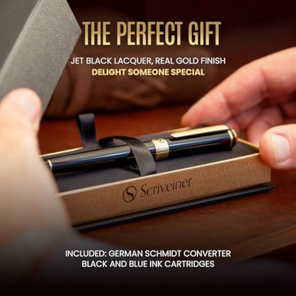 Scriveiner Black Lacquer Fountain Pen Stunning Pen, Real Gold Plating, Schmidt Gilded Nib (Fine), Best Pen Gift Set for Men & Women, Professional, Executive, Office, Nice Pens