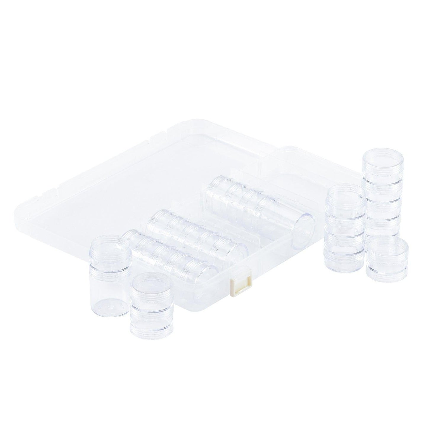 Vaessen Creative Storage Box with 6 Compartments and 28 Round Jars, Transparent Organiser Case for Storing Diamond Painting Drills, Beads, Glitter