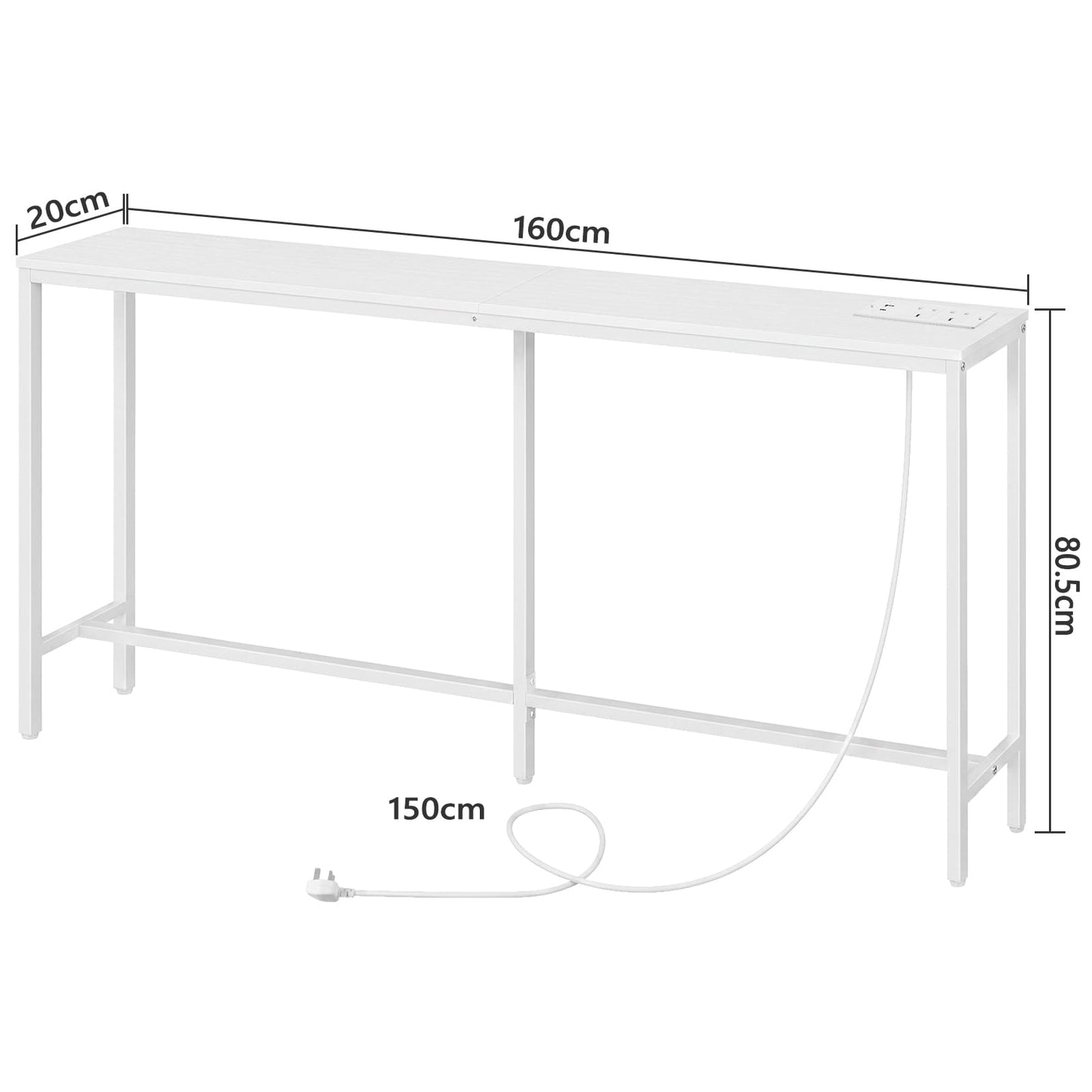 MAHANCRIS Console Table with Power Outlet, 160 cm Narrow Sofa Table, Industrial Entryway Table with USB Ports, Behind Couch Table for Entryway