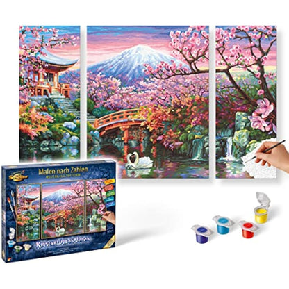 Schipper 609260751 Adults’ Painting by Numbers Kit, Cherry Blossoms In Japan, Includes Brush and Acrylic Paints, Triptych, 50 x 80 cm