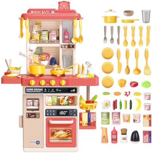 deAO Kitchen Playset Toy with Realistic Lights & Sounds, Kids Play Kitchen Set with Simulation of Spray Features, Pretend Role Play Toys with Lots of Kitchen Accessories Gift for Toddlers (Pink)