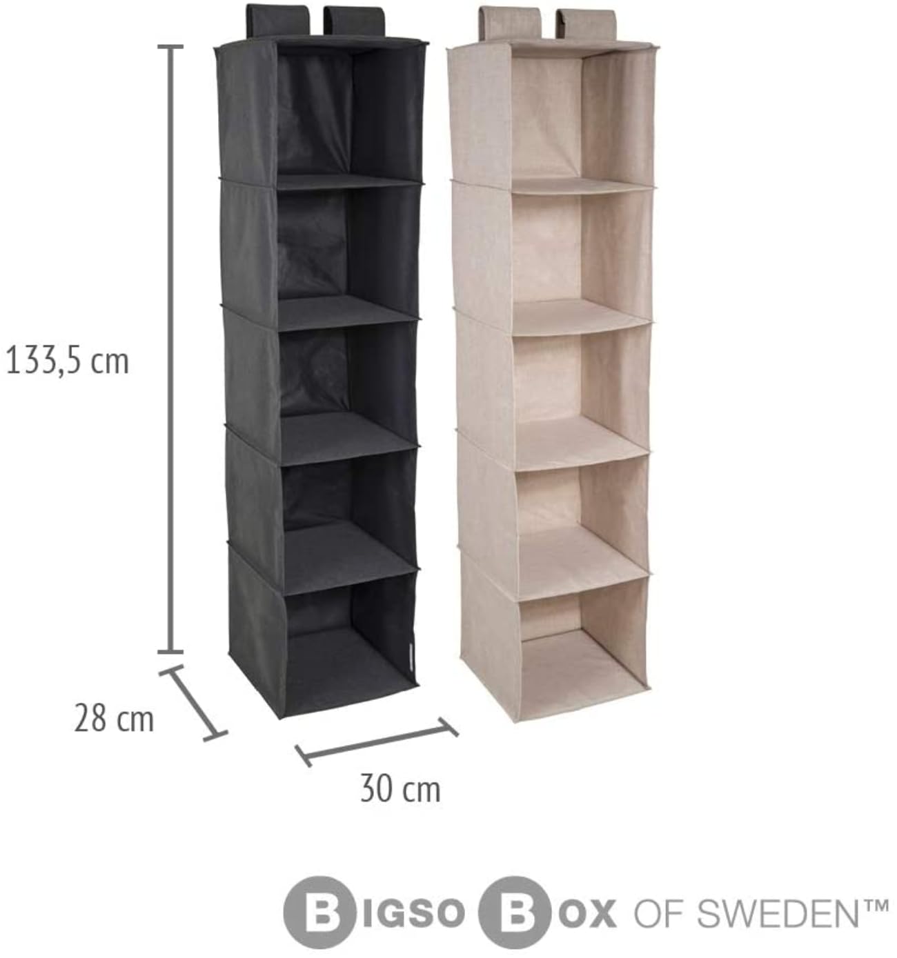 Bigso Box of Sweden Hanging Storage Organiser with 5 Large Storage Compartments - Hanging Storage for Wardrobe with Velcro Fastening