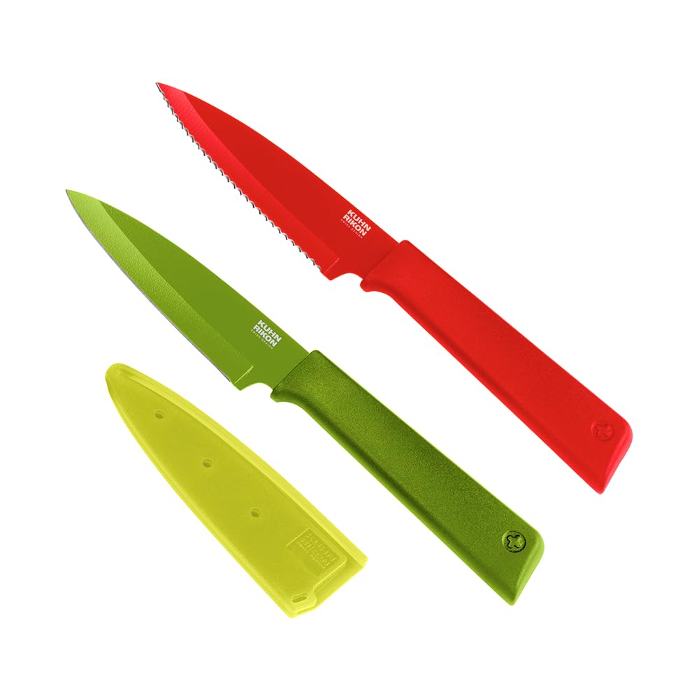 Kuhn Rikon Colori+ Prep 2 Pc Kitchen Knife Set (1x Paring Knife, 1x Serrated Kitchen Knife) Stainless Steel Blade Kitchen Knives Set. Sharp Knife Set