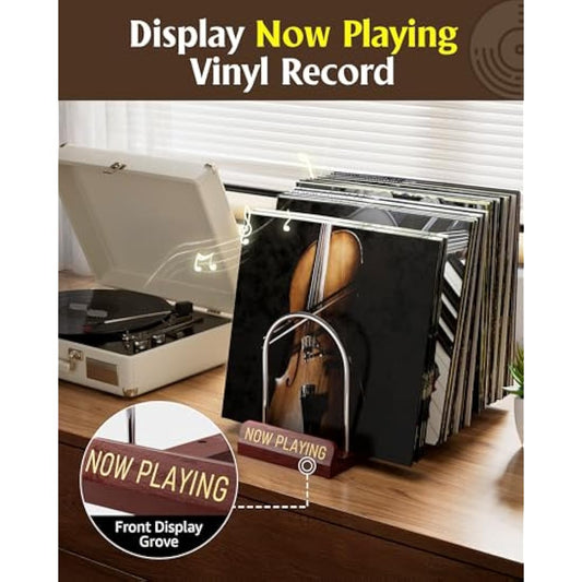 HULISEN Expandable Vinyl Record Storage, 30-70 LPs Adjustable Now Playing Record Holder for Albums, Wood Now Spinning Vinyl Record Stand Display Rack Organizer, Gift Package, Effortless Assembly