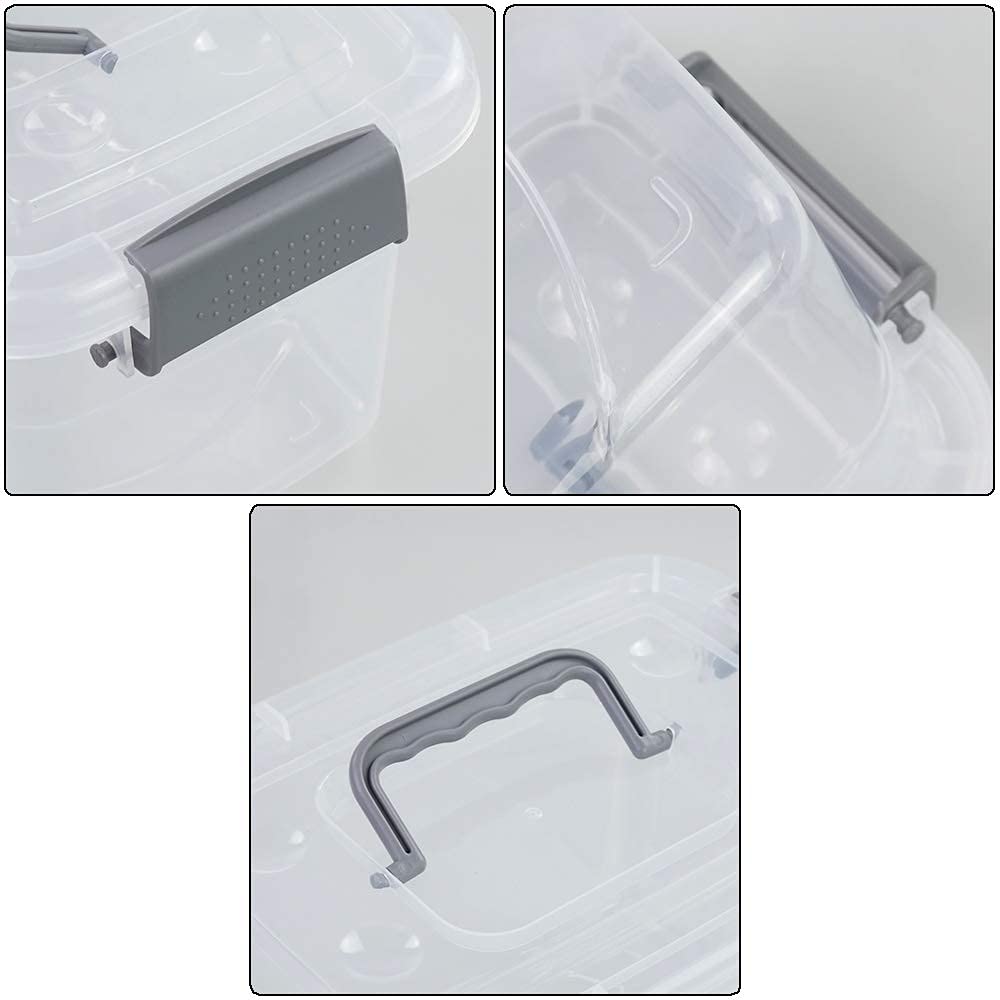 Minekkyes 6-Pack Home Storage Bins, Plastic Container, Latching Box with Handle (Grey Handle)