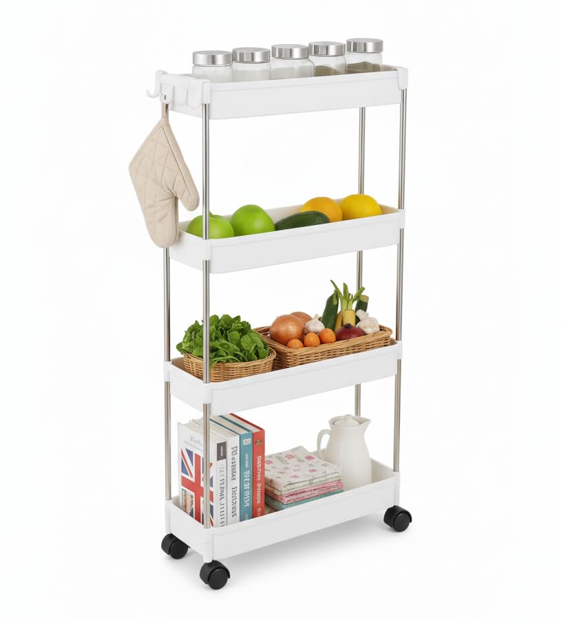 CELINO making your day 4-Tier Storage Trolley Cart Slide-out Slim Rolling Utility Cart Mobile Storage Shelving Organizer for Kitchen, Bathroom