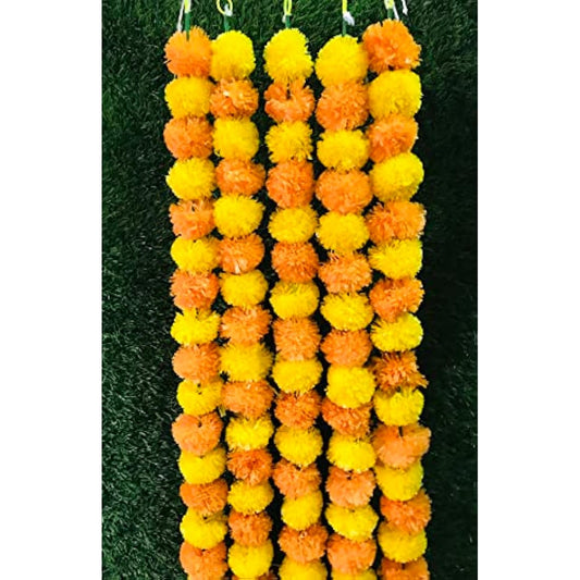 Artificial Marigold Flower Marigold for Christmas Decoration 5 String Decorations Garlands Genda phool mala 5 Feet Long, for Wedding Decoration, Home Decoration (Pack of 5) (Orange and Yellow)